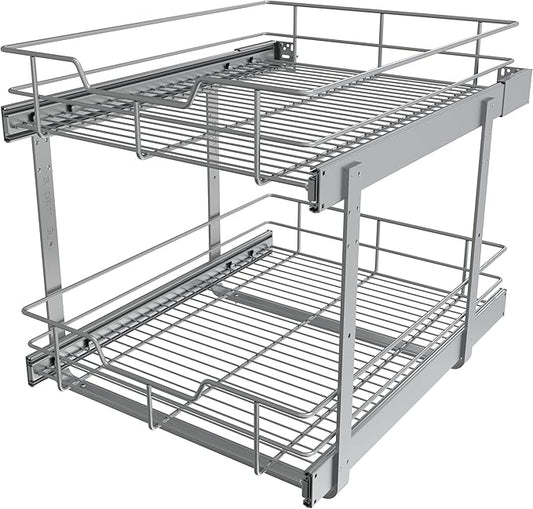 2 Tier Pull Out Cabinet Organizer 18" W X 22" D, Slide Out Drawers For Kitchen Cabinets, Pull Out Drawers For Cabinets Capacity Heavy Duty Caddy, Cabinet Pullout Shelves Chrome-Plated,Bathroom Pantry