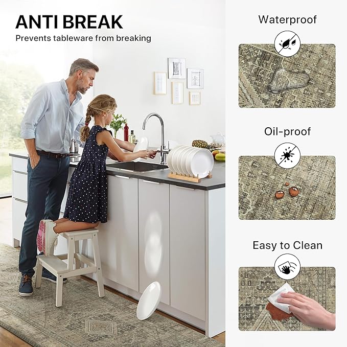 GENIMO Kitchen Mats for Floor, Washable Anti Fatigue Mat for Cushioned, 17.3"x59", Waterproof Kitchen Rugs, Non Slip Foam Comfort Standing Mat Rug for Home, Runner, Sink, Laundry, Tan