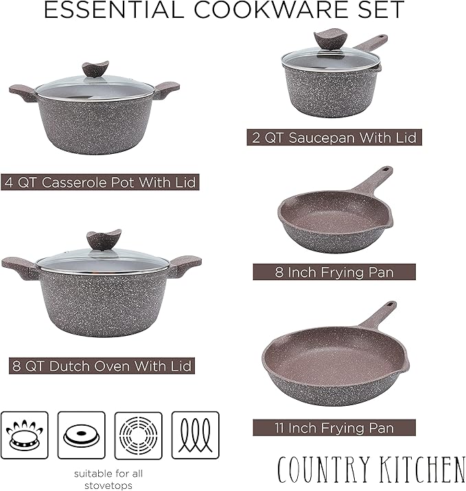 Country Kitchen Non-Stick Cast Aluminum Cookware Set - Durable Kitchen Cookware for Everyday Cooking, Chocolate Brown, 8 Pc.