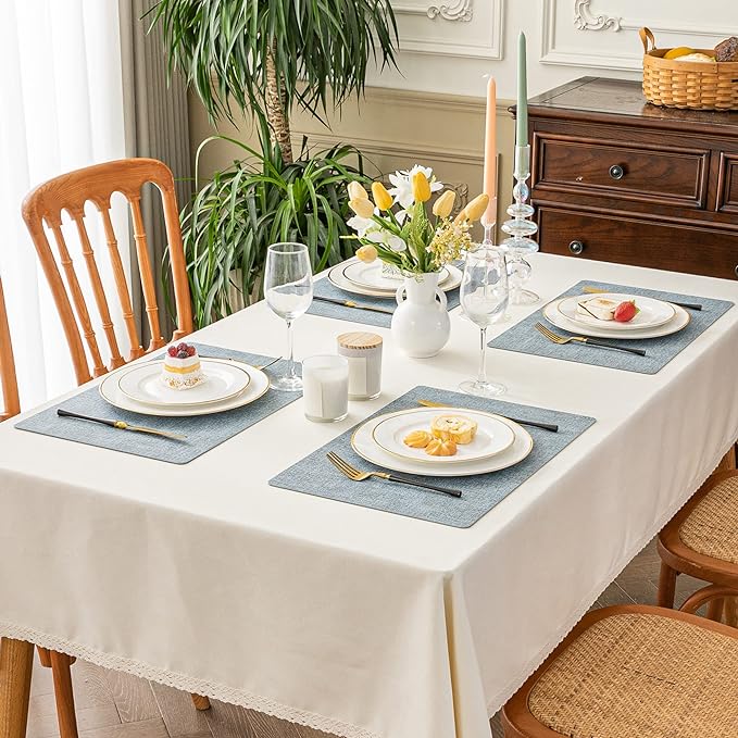 Romanstile Vinyl Placemats Set of 6-12 X 18 Inch - Heat Resistant Place Mats 100% Waterproof Oilproof Wipeable Reversible Faux Leather Table Mats for Kitchen/Dining/Party/Outdoor, Sky Blue