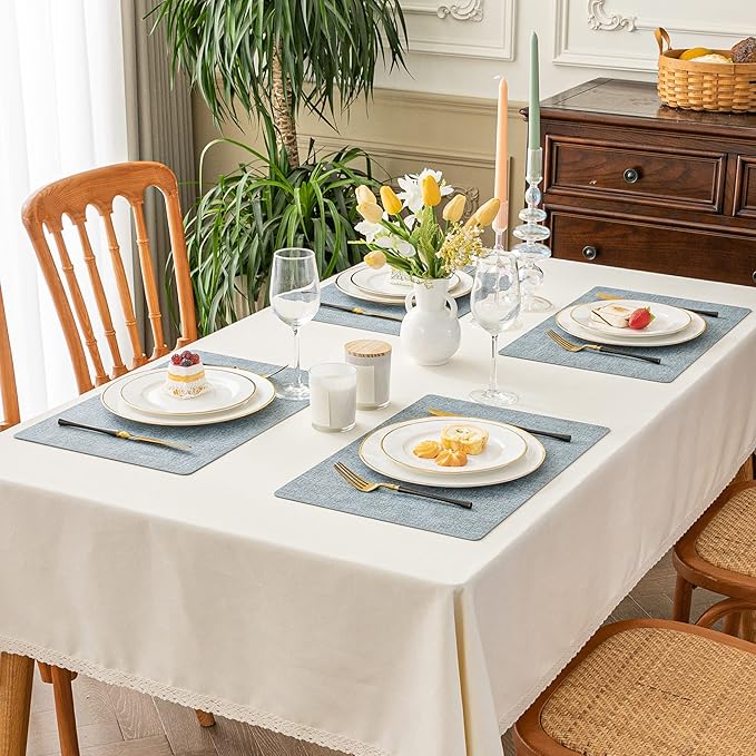 Romanstile Vinyl Placemats Set of 4-12 X 18 Inch - Heat Resistant Place Mats 100% Waterproof Oilproof Wipeable Reversible Faux Leather Table Mats for Kitchen/Dining/Party/Outdoor, Sky Blue