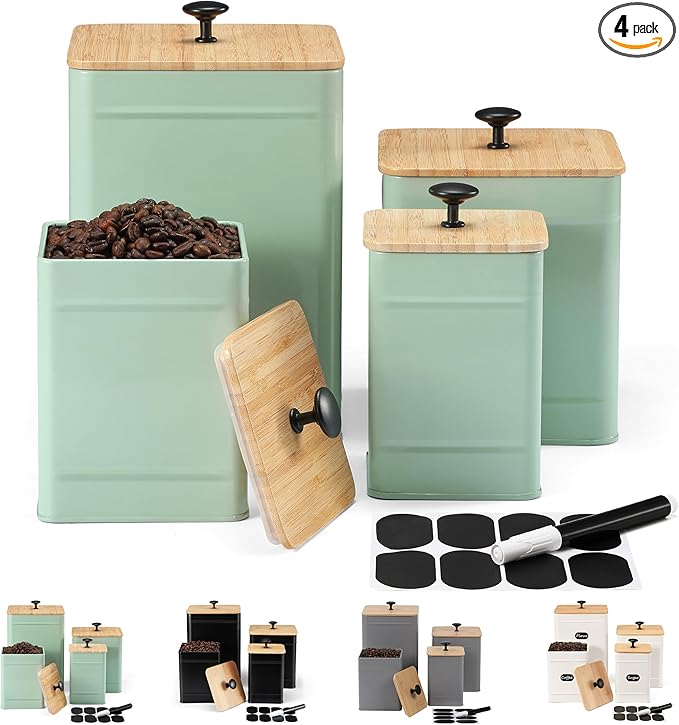 PERFNIQUE Kitchen Canisters, Airtight Canister Sets of 4 for Kitchen Counter, Sage Green Kitchen Accessories, Coffee Tea Sugar Flour Spice Tin Jars Food Storage (Sage Green)
