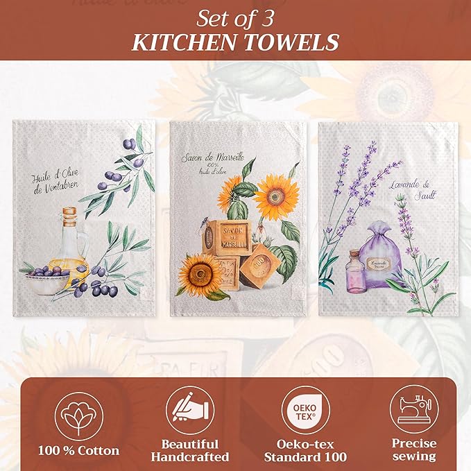 Maison d' Hermine Kitchen Towels Set of 3 100% Cotton 27.50" x 20" Reusable Cloth Tea Dish Towels Absorbent with Hanging Loop for Kitchen, Home, Dining, Cocktail Parties Spring/Summer (Fanny)