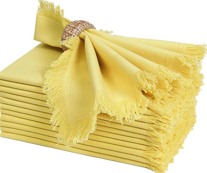 Bedding Craft Cotton Cloth Dinner Napkins Set of 12 – 18x18 Golden Kiwi Yellow with Fringed Corners – Machine Washable Fabric Napkins for Weddings, Baby Showers & Everyday Dining