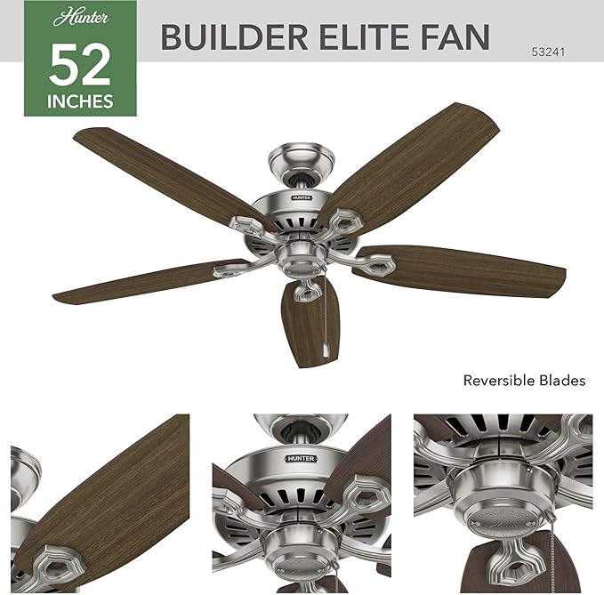 Hunter Fan Company 53241 Builder Elite Hunter Fan Indoor Ceiling Fan with Pull Chain Control, 52", Brushed Nickel Finish