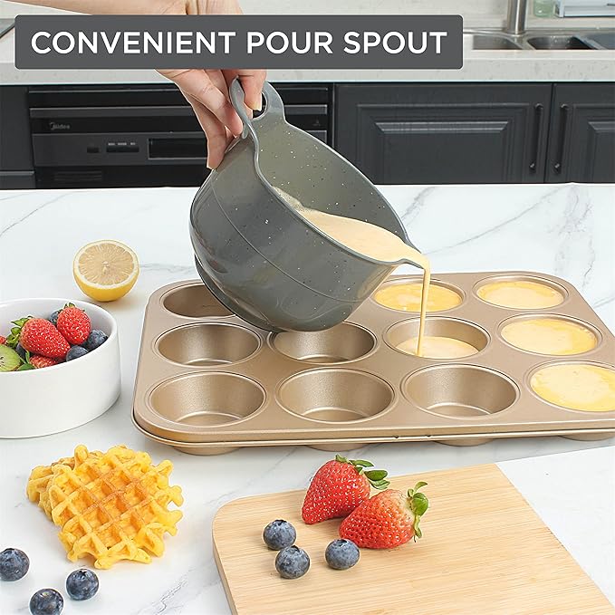 COOK WITH COLOR Nesting Plastic Mixing Bowl Set with Pour Spouts and Handles, Speckled Charcoal, 4 Piece