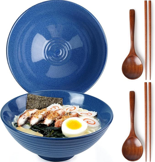 NUTRIUPS 8 Inch Ceramic Ramen Bowl Set of 2 Pho Bowls 40oz Japanese Noodle Udon Soup Bowls with Spoons and Chopsticks (Sapphire Blue)