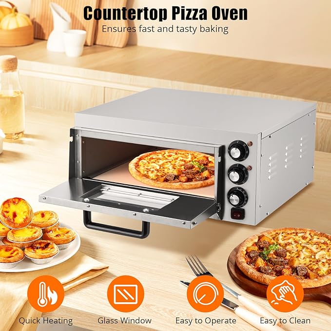 1800W Countertop Electric Pizza Oven,Stainless Steel Pizza Oven Maker with Timer & Removable Tray for Home, Kitchen & Restaurant, Silver