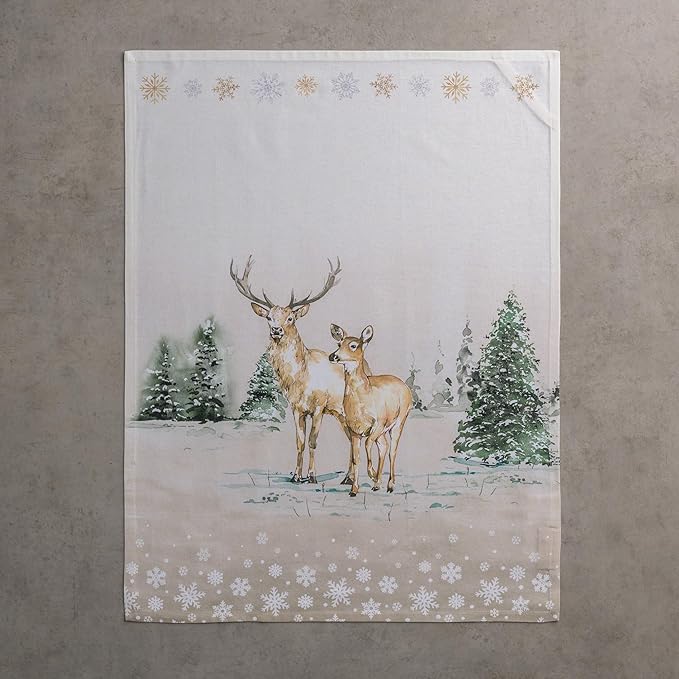 Maison d' Hermine Kitchen Towels Set of 3 100% Cotton 20" x 27.5" Reusable Cloth Tea Dish Towels Absorbent with Hanging Loop for Kitchen Dining Thanksgiving Christmas Decorations (Deer in The Woods)