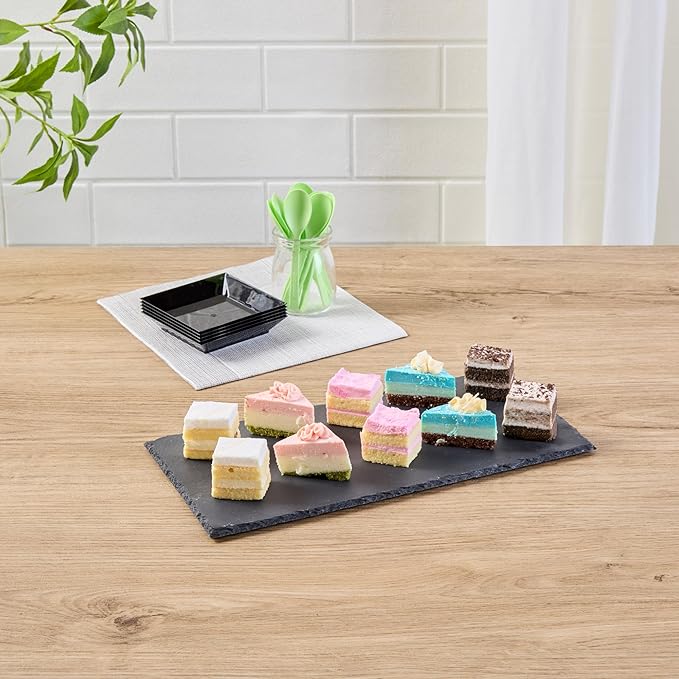 Restaurantware Slate Serving Trays 4 Pack of 11.8" x 6" Foam Feet Charcuterie Stone Plates Rustic Edges Freezable Black Serving Display Cheese Boards for Kitchen, Gourmet, Dining, Parties