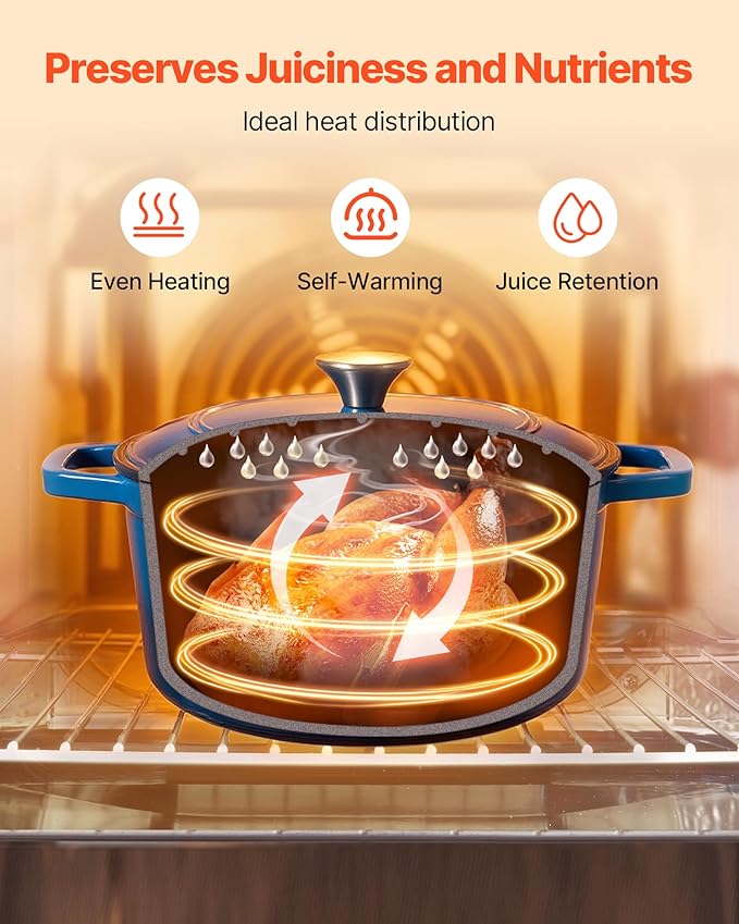 VEVOR Enameled Cast Iron Dutch Oven, 6 Quart Pot with Lid and Dual Handles, Heavy-Duty Durable Cookware Pan, Oven Induction Compatible up to 500℉, for Braising, Stews, Roasting, Bread Baking, Blue