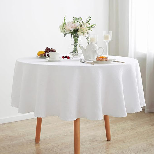 Linen World Linen Tablecloth, 100% French Linen Round Tablecloth 70" Inch, Washable White Tablecloth for Dining, Outdoor, Weddings and Restaurants, Decorative Valentine Easter