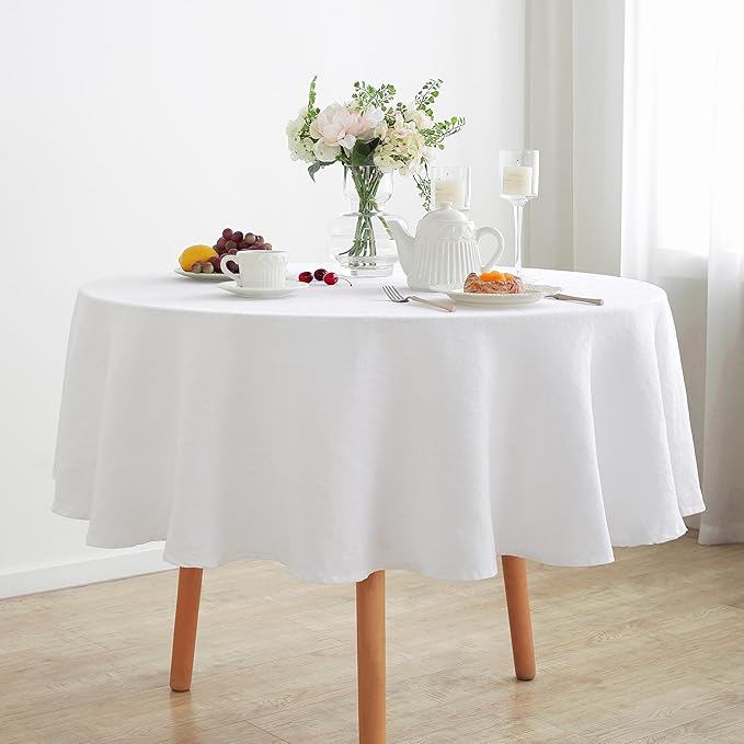 Linen World Linen Tablecloth, 100% French Linen Round Tablecloth 60" Inch, Washable White Tablecloth for Dining, Outdoor, Weddings and Restaurants, Decorative Valentine Easter