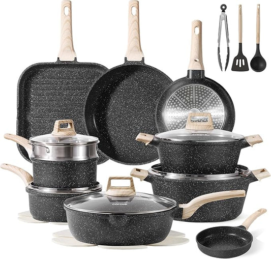 CAROTE 22Pcs Pots and Pans Set, Nonstick Cookware Sets, Granite Induction Cookware Non Stick Cooking Set w/Frying Pans & Saucepans(PFOS, PFOA Free)