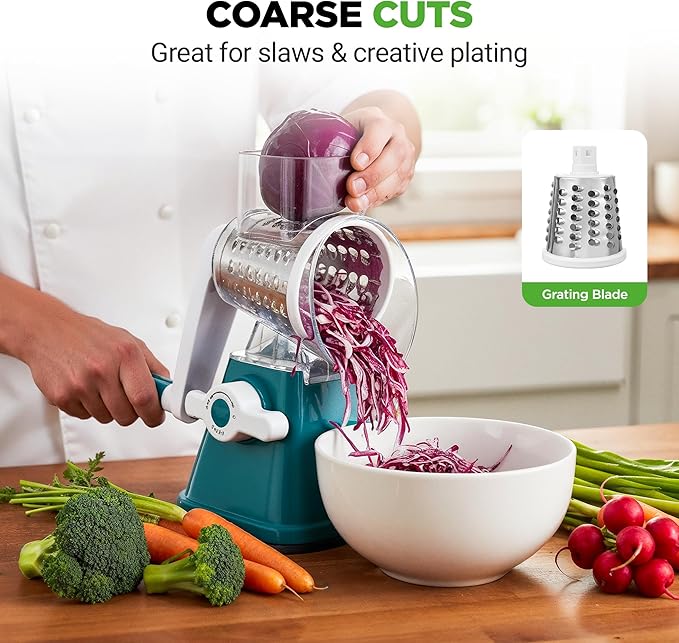 Nutrichef 3 in 1 Cheese Grater & Shredder | Strong Suction Base, Rotary Handle with Safety Lock | Includes Hand Crank & 3 Drum Blades for 3 Textures, Fine, Medium & Strips | Green