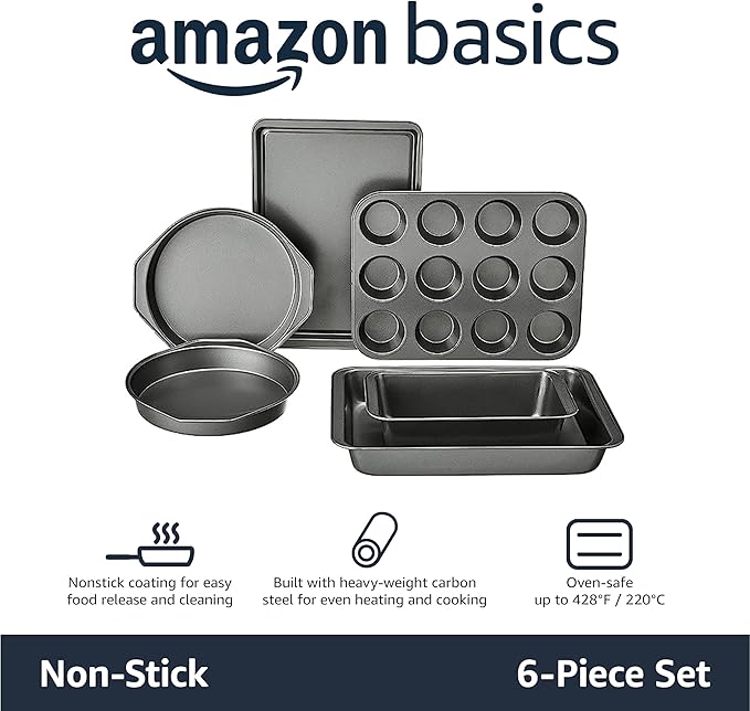 Amazon Basics 6 Piece Nonstick, Carbon Steel Oven Safe Bakeware Set with Cake, Muffin, Cookie, and Loaf Pans, 6 Piece, 16.25 x 11.75 x 6.25 inches