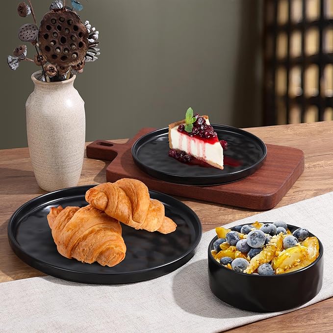 LIANYU Stoneware Dinnerware Dishes Sets for 8, 24 Piece Plates and Bowls Dishware Set, Ceramic Dinning Ware Includes Dinner Salad Plates, Cereal Bowls, Chip & Scratch Resistant, Obsidian Matte Black