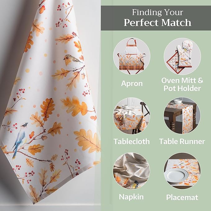 Maison d' Hermine Kitchen Towels Set of 3 100% Cotton 20" x 27.5" Reusable Cloth Tea Dish Towels Absorbent with Hanging Loop for Kitchen Dining Thanksgiving Christmas Decorations (Oak Leaves)