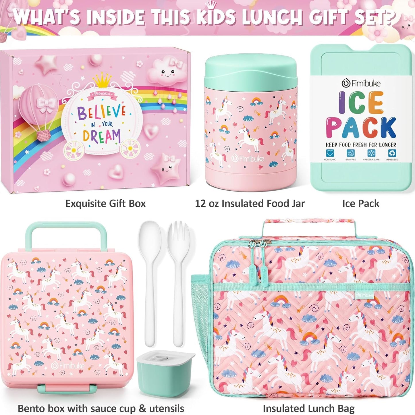 Fimibuke Kids Bento Snack Lunch Box with 4 Compartments, Insulated lunch Bag, Stainless Steel Thermos Food Jar, Ice Pack & Utensils, Unicorn Birthday Gift for Age 3-12 Back to School Toddler Girl Boy