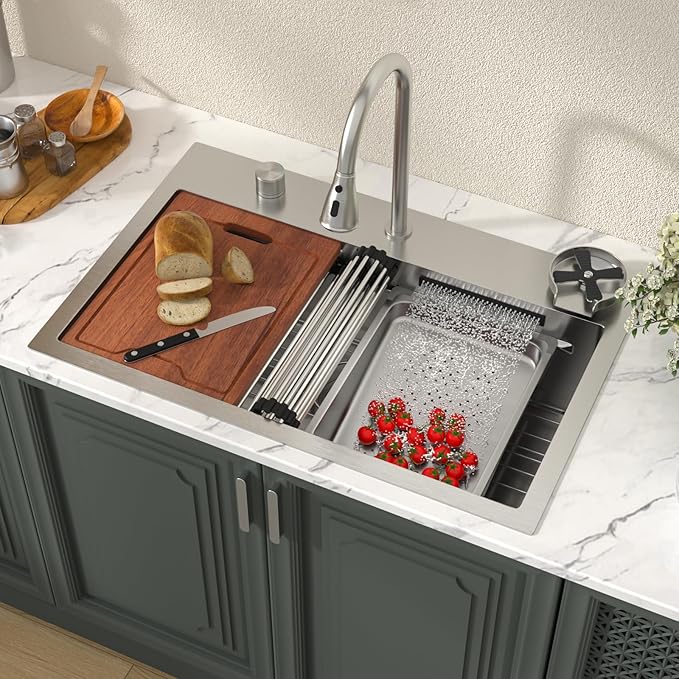 Lordear 31 Drop Kitchen Sink with Faucet Combo - 31"x20" Waterfall Kitchen Sink Workstation Stainless Steel 16 Gauge Single Bowl Topmount Handmade Sinks with Pull Out Faucet