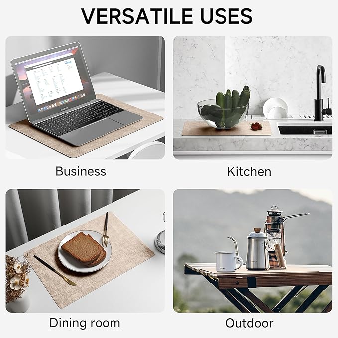 Faux Leather Vinyl Placemats Set of 6 Wipeable Heat Resistant Place Mats 100% Washable - Waterproof - Anti Slip Reversible Table Mats for Kitchen/Dining/Party/Outdoor, 12" x 16.5", Khaki