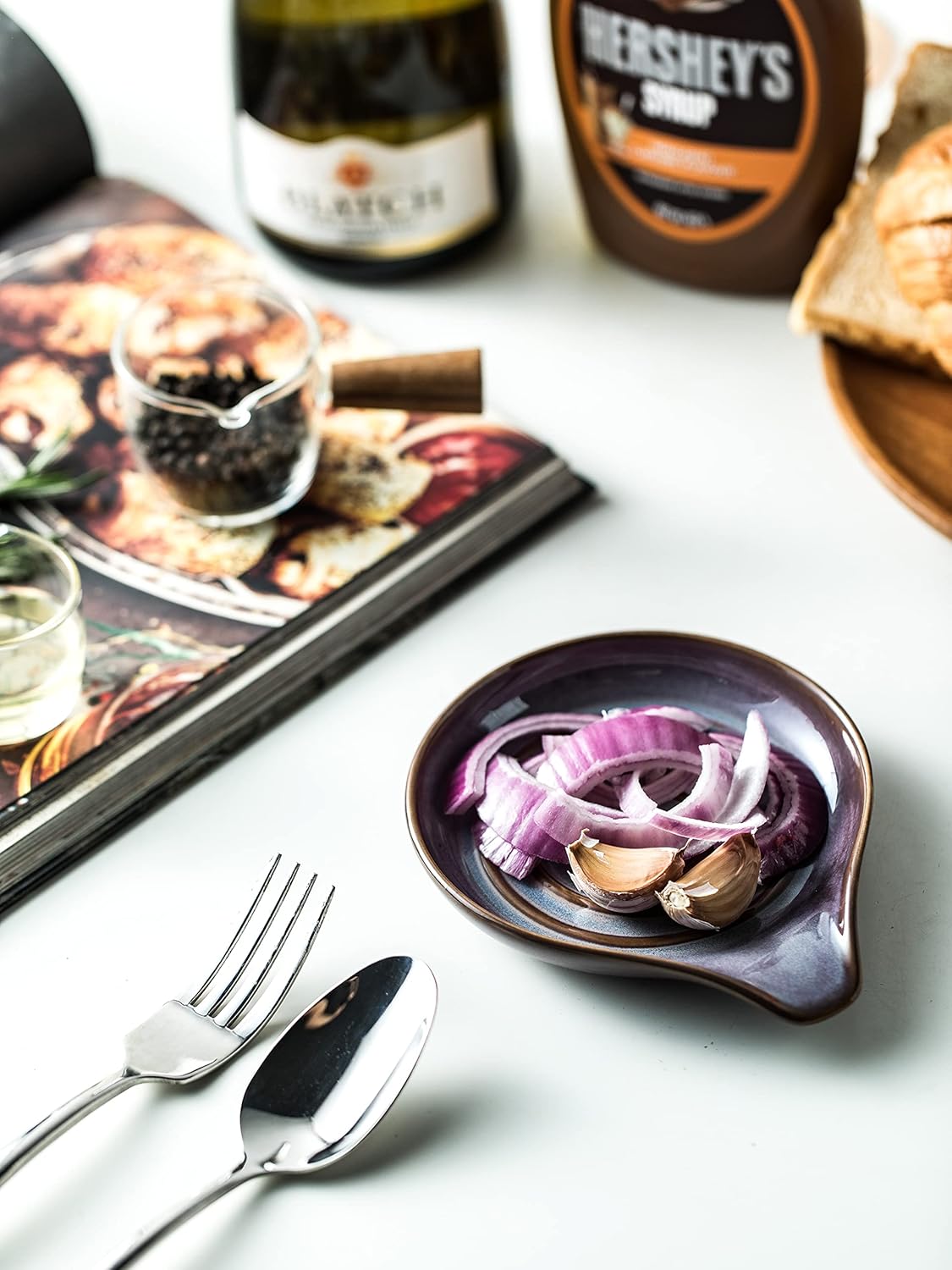 Spoon Rest, Ceramic Spoon Holder with Deep Drip Tray for Stove Top Utensils Holder for Countertop, with Handle for Easy Hold, Purple