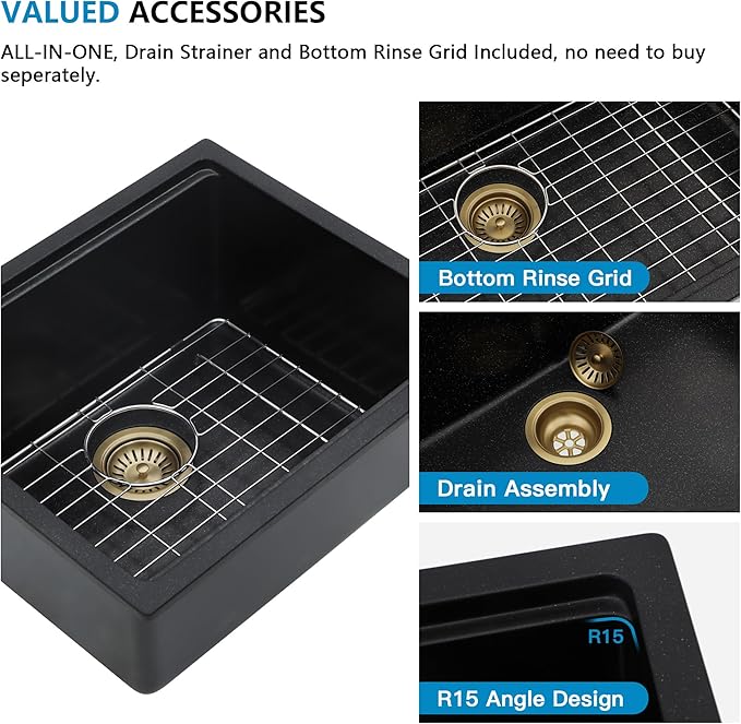 21 Undermount Bar Sink Workstation - Fulorni 21"x18" Undermount Wet Bar Sink Matte Black Granite Composite Quartz Classic Single Bowl Under Counter Small Kitchen Bar Prep RV Sink Basin