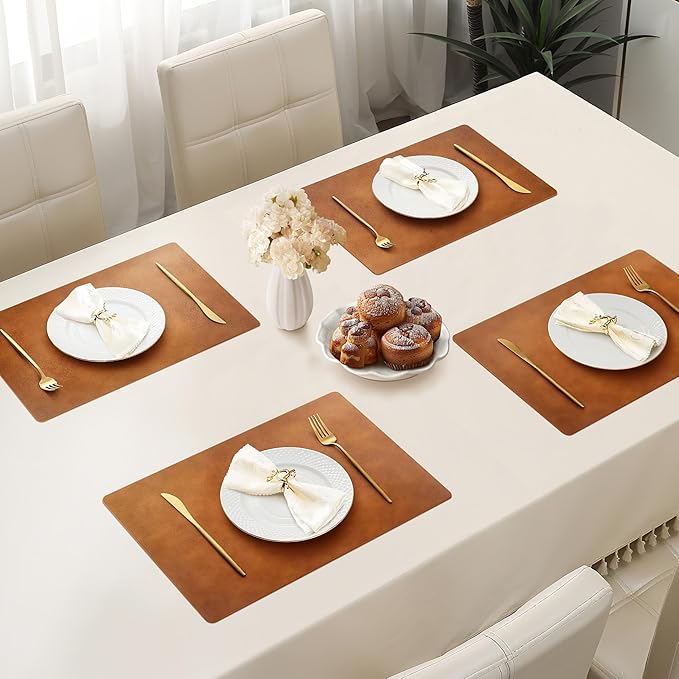 Roxifina Faux Leather Placemats Set of 8 - Vinyl Placemats Wipeable Waterproof Oil-Proof PU Place Mats Heat Resistant Reversible Table Mats for Dining, Kitchen, Outdoor, 12 x 17 Inch (Reddish Brown)