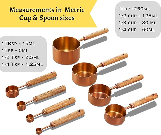 Copper Stainless Steel Measuring Cups and Spoons Set of 8, Wooden Handle with US Measurements, Metric Cups and Spoons for cooking and baking