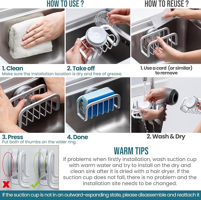 TAILI Sponge Holder for Kitchen Sink with Strong Suction Cup, Removable Sponge Holder, Rustproof Aluminum Sink Caddy for Sponges, Dish Brush - Silver