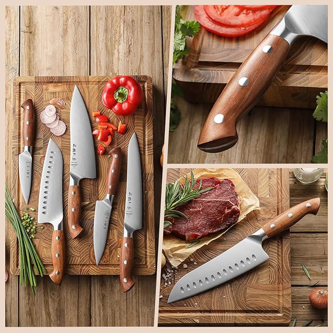 HEZHEN Knife Set,5 Piece Kitchen Chef Knife Set, German High Carbon Stainless Steel Ultra Sharp Chef Santoku Slicing Utility Paring Knives Sets, Ergonomic Full Tang Handle Cooking Cutlery Set Gift