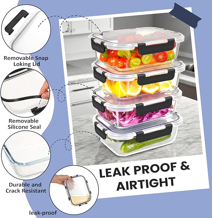HOTEC 35OZ Glass Food Storage Container, Airtight Glass Lunch Fruit Containers with Lids - Microwave, Oven, Freezer and Dishwasher Safe, 4-PACK