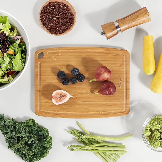 Lightweight Durable Bamboo Cutting Board with Non-Slip Feet, Reversible Wood Cutting Board with Juice Groove Easy to Store & Clean, Water-Resistant Ideal Kitchen Gift for Home Cooks