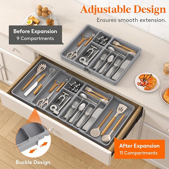 Lifewit Large Silverware Drawer Organizer, Plastic Cooking Utensil Tray for Kitchen, Expandable From 21 to 36 Inches, Adjustable Flatware Cutlery Spoon Fork Knife Spatula Gadgets Holder, Gray