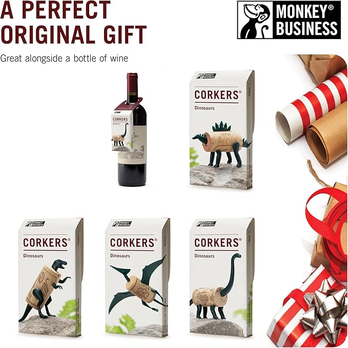 Monkey Business Corkers Wine Accessories - Set of 4 Collectible Dinosaur Designs, Crafting Parts for Corks - Gifts for Wine Drinkers and Enthusiasts