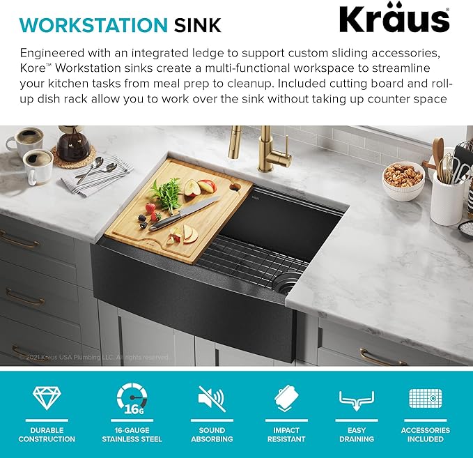 KRAUS Kore Workstation 27-inch Farmhouse Apron Front 16 Gauge Black Stainless Steel Single Bowl Kitchen Sink in PVD Gunmetal Finish with Accessories, KWF210-27-PGM
