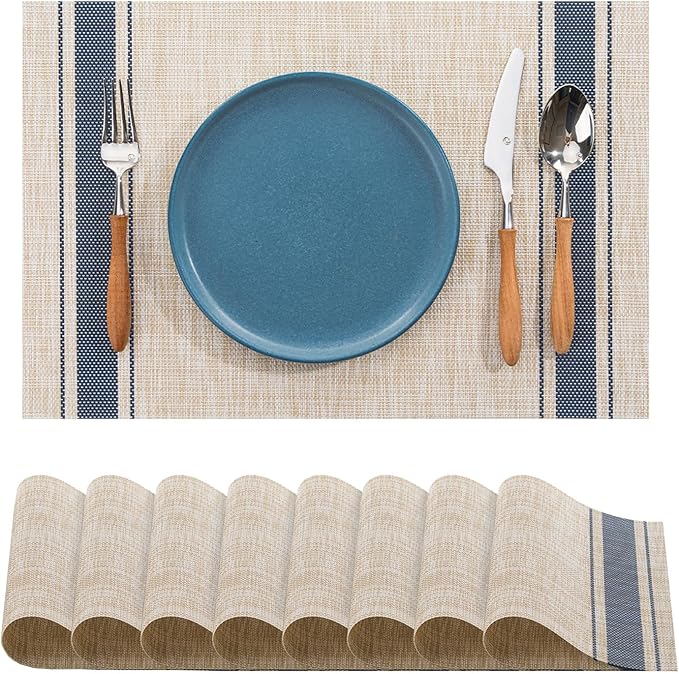 BACKTOEDEN Placemats Set of 8 Heat Resistant Washable Wipeable Placemat Woven Non-Slip Foldable Vinyl/Plastic Place Mats Indoor/Outdoor Mat Kitchen Dining Table Pad, Blue Skyline