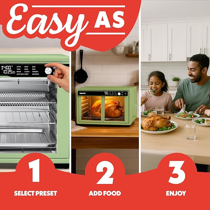 Gourmia French Door Digital Air Fryer Oven - XL 37QT Capacity, 12 Presets, FryForce 360° Tech, Dehydrate, Proof, Slow Cook, Fits 13” Pizza, 1700W, Green