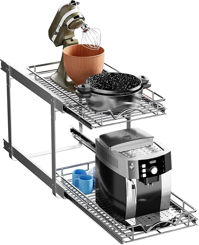 HOLDN’ STORAGE 2-Tier Pull Out Cabinet Organizer, Individual Sliding Drawers - Heavy Duty Metal with Lifetime Limited Warranty - Anti Rust Chrome Finish - 12" W x 21" D x 16.5" H