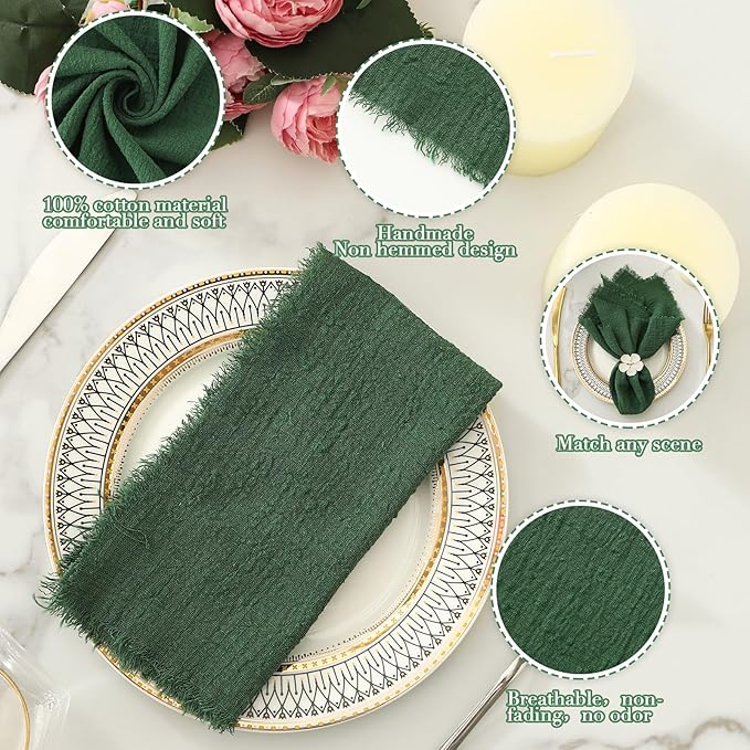 Linen Napkins Set of 12, Versatile 17x17 Inches Handmade Cotton Cloth Napkins, Dinner Table Cloth Napkins for Wedding, Christmas and Parties, Dark Green