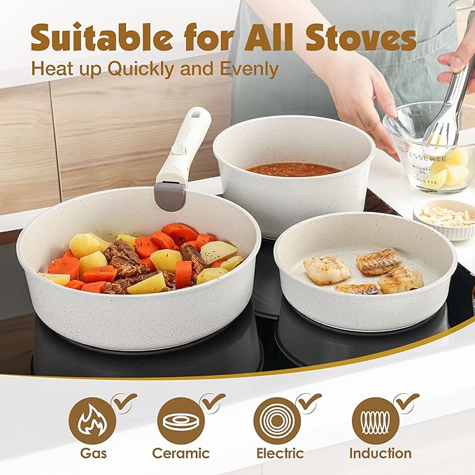 SENSARTE 13 Piece Pots and Pans Set, Nonstick Detachable Handle Cookware, Induction Kitchen Cookware Set with Removable Handle, Healthy Non Stick for RV, Dishwasher ＆ Oven Safe (White)