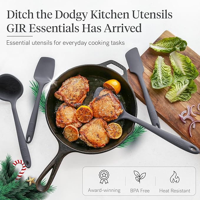 GIR: Get It Right 5 Piece Silicone Essentials Kitchen Utensils Set - Ladle, Spatula, Flip, Spoon & Spoonula - Non-Toxic Cooking Utensils for Nonstick Cookware, Cooking and Baking - Charcoal