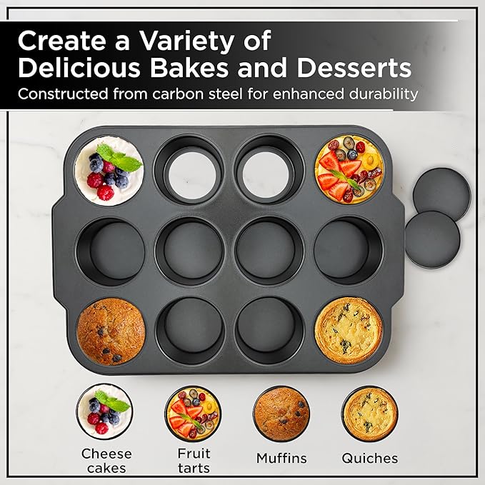 Wrenbury Pro Mini Cheesecake Pans Removable Bottom 12 Hole - Heavy Gauge Carbon Steel Non Stick Pan Loose Bottom Springform - 3 Inch Small Individual Cheesecakes Tin - PFOA Free