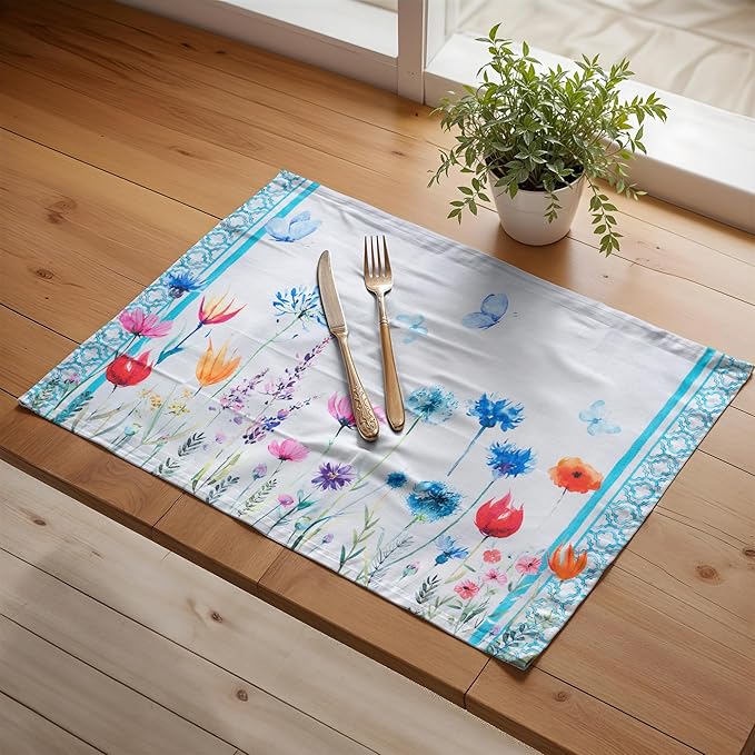 Maison d' Hermine Placemats Set of 4 100% Cotton Washable Cloth Place Mats, Reusable Table Mats for Kitchen Dining Decoration, Party, Wedding, Restaurant Spring/Summer (Flower In The Field, 13" x 19")
