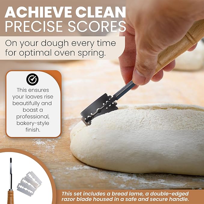 Danish Dough Whisk Stainless Steel Set 4PCS – Dough Hook 13'', Sourdough & Bread Making Tools Kit – Includes Wooden Bench Scraper, Bread Lame & Pastry Brush – Top Sour Dough Tools for Baking