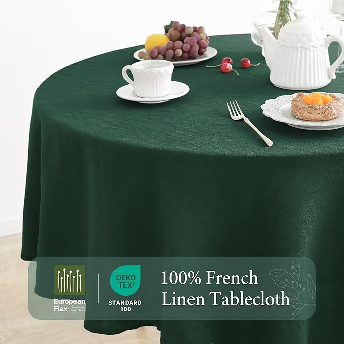 Linen World Green Linen Tablecloth - 100% French Linen Round Tablecloth 90" Inch, Washable Natural Table Cloth for Dining, Outdoor, Weddings and Restaurants, Decorative Thanksgiving Christmas