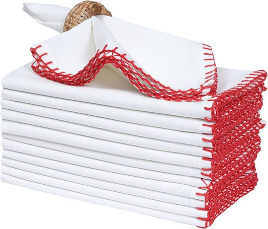 Bedding Craft Cotton Cloth Dinner Napkins Set of 12 – 18x18 Poppy Red Reusable Fabric Napkins with Blanket Stitch Selvedge – Washable Wedding Napkins for Dining Table Décor, Parties & Restaurants