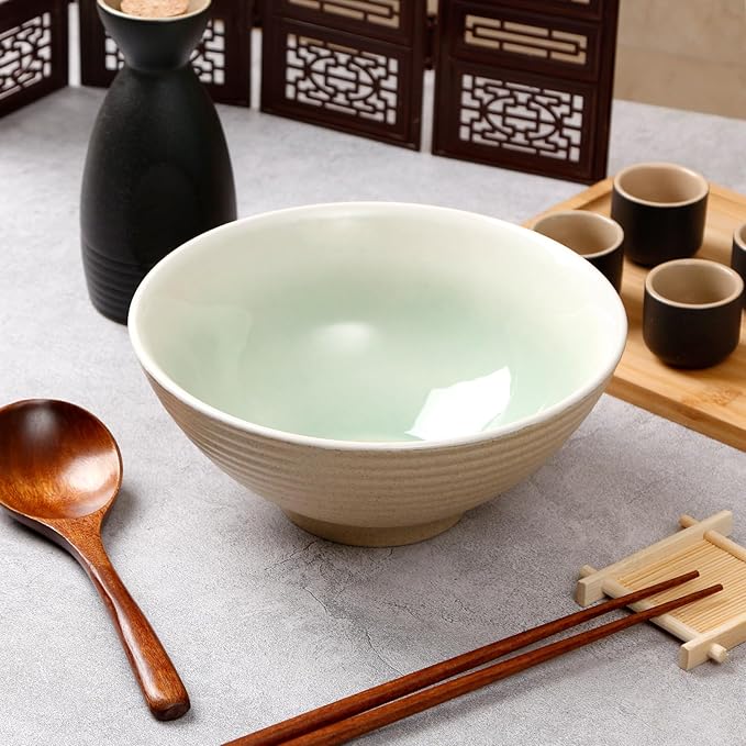 NUTRIUPS 8 Inch Ceramic Ramen Bowl Set of 2 Pho Bowls 40oz Japanese Noodle Udon Soup Bowls with Spoons and Chopsticks (Teal)