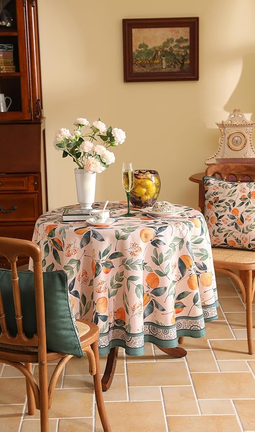 patdrea Designer Orange Tablecloth for Round Tables,Framhouse Linen Oranges and Leaves Tree Pattern Linen Tablecloth,Fall Fruit Table Cover Cloth Decor for Kitchen Dining Christmas,Diameter 55"