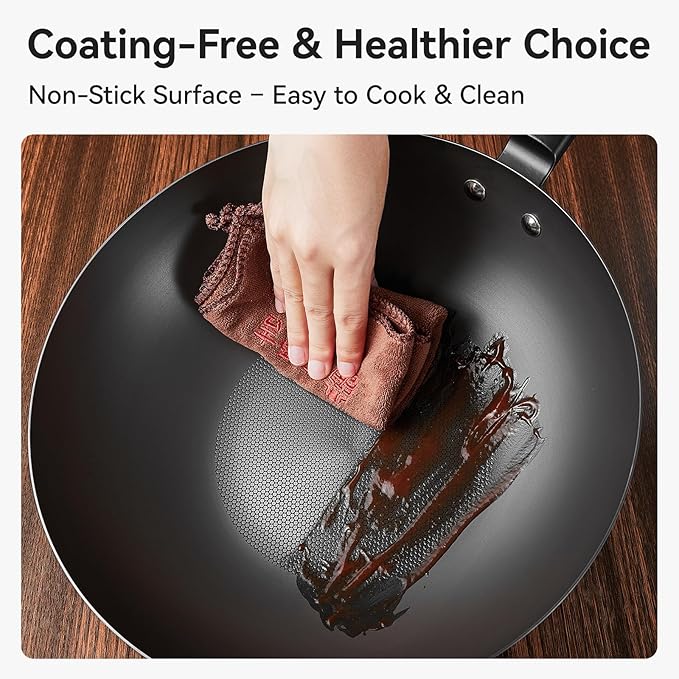 WANGYUANJI 12.6" Pure-Iron Wok with Glass Lid, Flat-Bottom Lightweight Chinese Stir-Fry Pan, Wooden Handle, Uncoated — Induction/Gas/Electric Compatible, Not Pre-Seasoned (Seasoning Required)